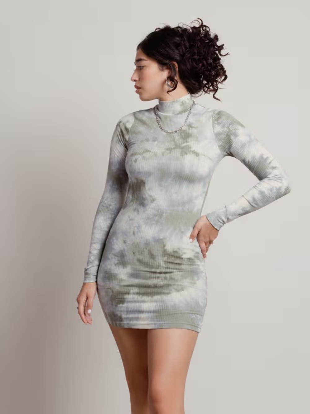 Tie-Dye Ribbed Long-Sleeve Mock Neck Body Con Dress - Sage & Cream